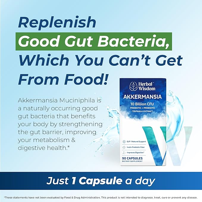 Akkermansia Probiotic 10 Billion CFU - Advanced GLP-1 Support, Probiotic+Prebiotic | for Gut & Metabolism Support - No Bloating | with Inulin & Triphala | (90 Capsules - 3 Month Supply)