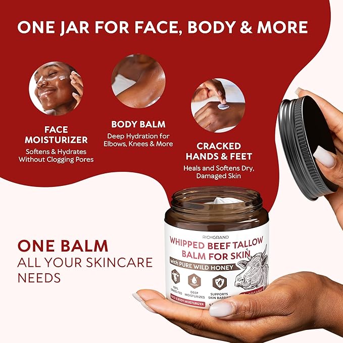 Beef Tallow for Skin - Whipped Tallow and Honey Balm - Grass Fed Beef Tallow for Face, Daily Moisturizer & Body Butter - Natural Non Comedogenic Skincare (4.3 oz)