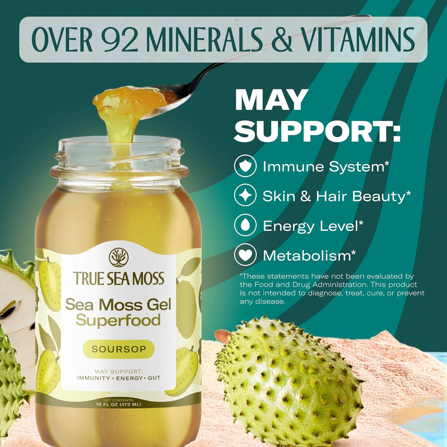 TrueSeaMoss Sea Moss Gel – Made in USA – Wildcrafted Seamoss, Fruits & Jarred Vegetables – Soursop, Pack of 2 (Labels may Vary)
