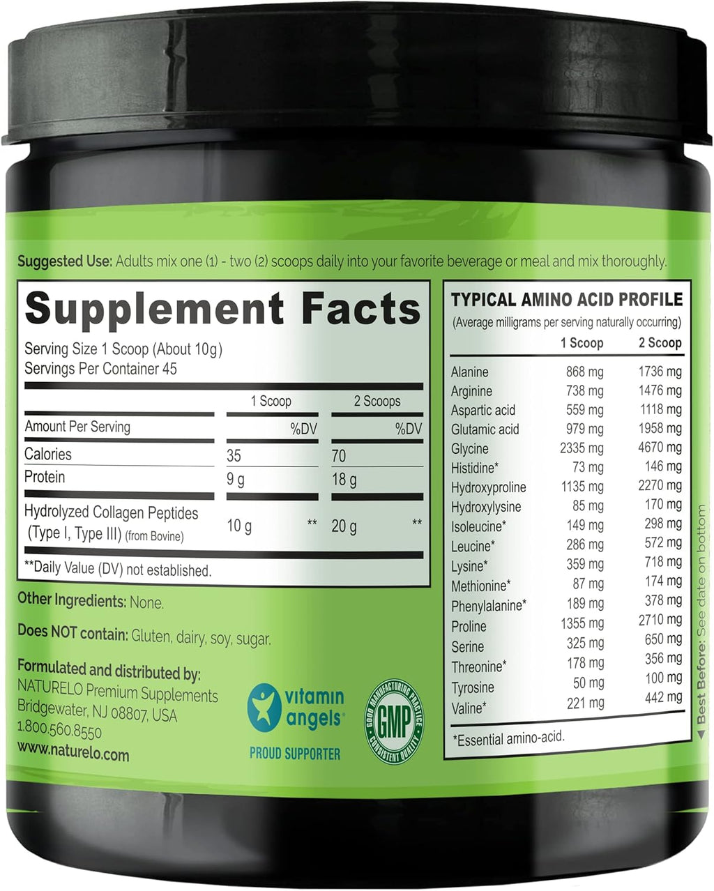 NATURELO Collagen Peptide Powder, Hydrolyzed Collagen Type I & III, Skin Hair & Joint Health - Unflavored, 16 Ounces | 45 Servings