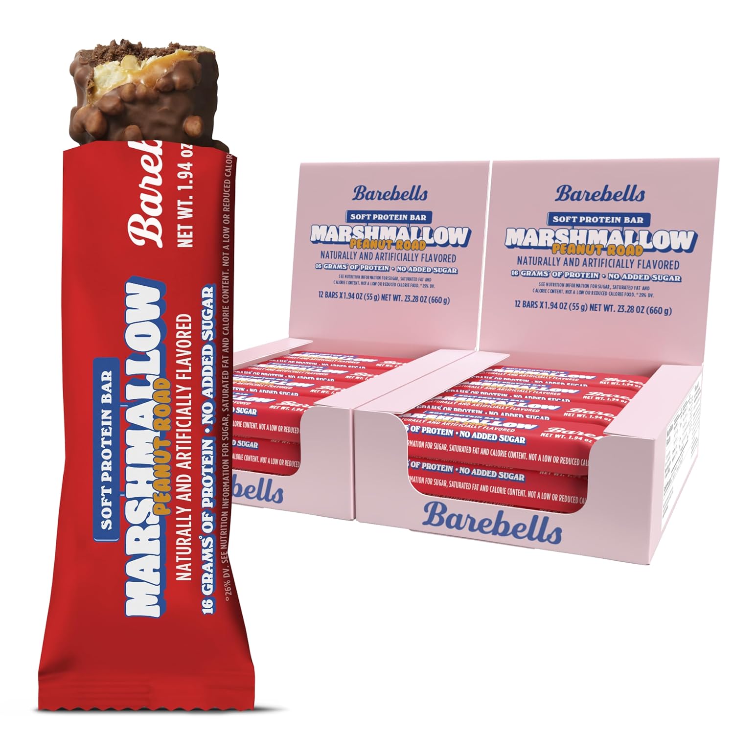 Barebells Soft Protein Bars Marshmallow Peanut Road – 24 Bars Total (2 Packs of 12) – High Protein Snacks with 16g of Protein, Fluffy Chocolate Nutritional Treat, No Added Sugar, Breakfast Bars