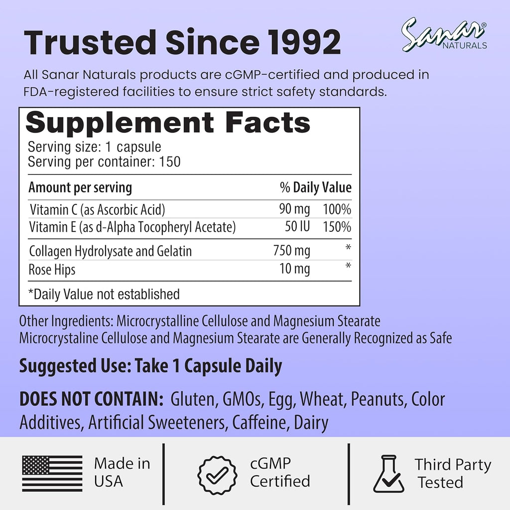 Sanar Naturals Collagen Pills with Vitamin C, E - Supports Hair, Nail, Skin, Joint & Bone Health - Hydrolyzed Collagen for Women & Men Supplement - Grass Fed, Non-GMO, 150 Capsules