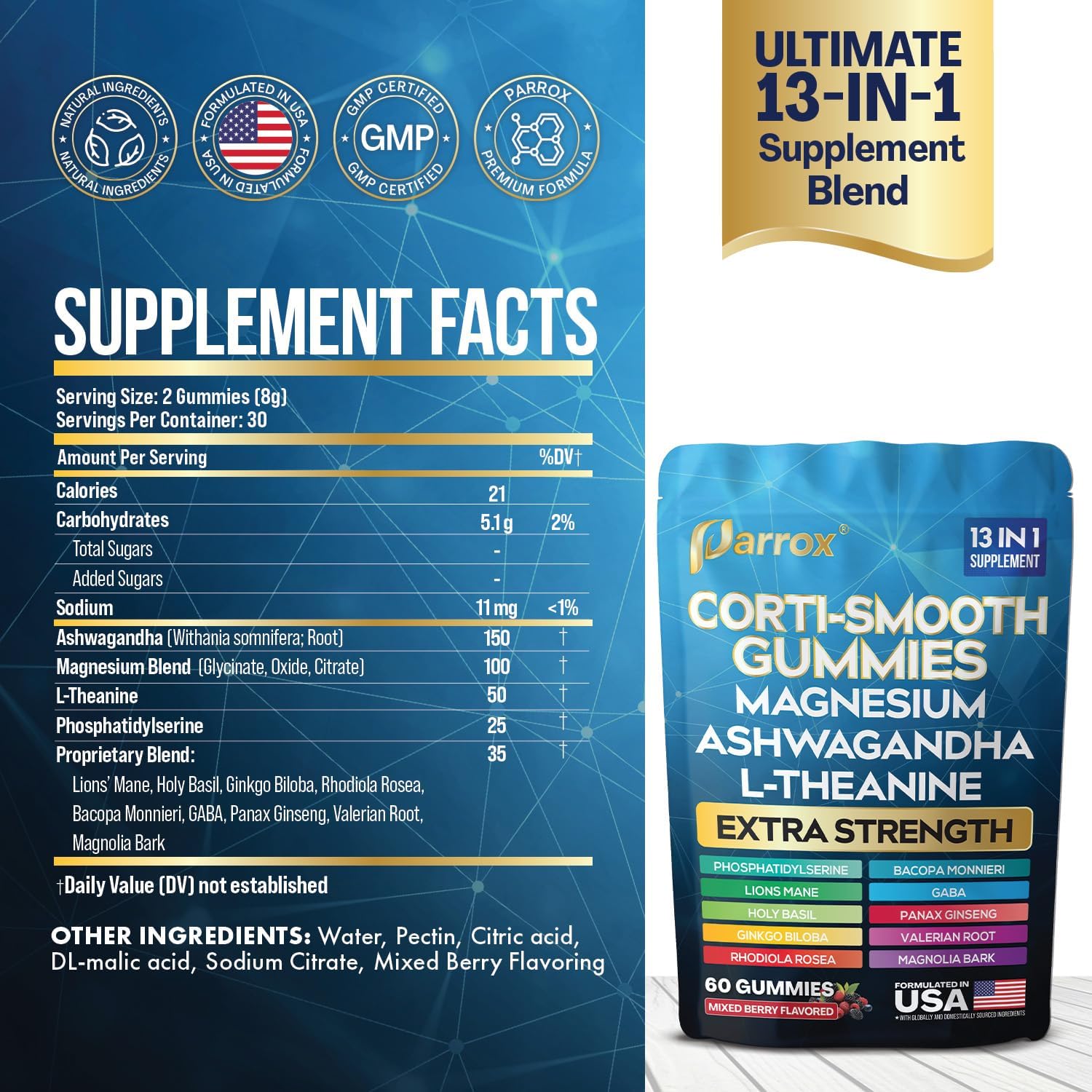 Corti-Smooth Cortisol Support Gummies with Magnesium, L-Theanine, Ashwagandha, Phosphatidylserine, Bacopa Monnieri, Lions Mane, Ginkgo Biloba, Valerian Root (60 Gummies - Mixed Berry Flavor)