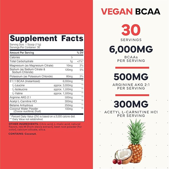 Type Zero Ultra Clean Vegan BCAA Powder + Electrolytes (Tropical Fruit Punch | 6G) 2:1:1 Sugar-Free/No Sucralose BCAAs Amino Acids Supplement - BCAA Vegan Amino Acids After Workout Drink, 30 Servings