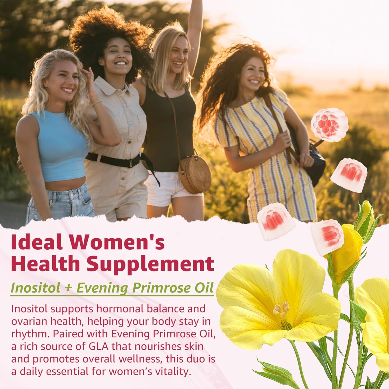 Myo-Inositol & D-Chiro Inositol Gummies with Evening Primrose Oil for Women - 40:1 Ratio Supplement Plus Vitamin D3, Methyl Folate & B12 for Hormonal Balance, Cycles & Ovarian Health, Vegan (60ct)