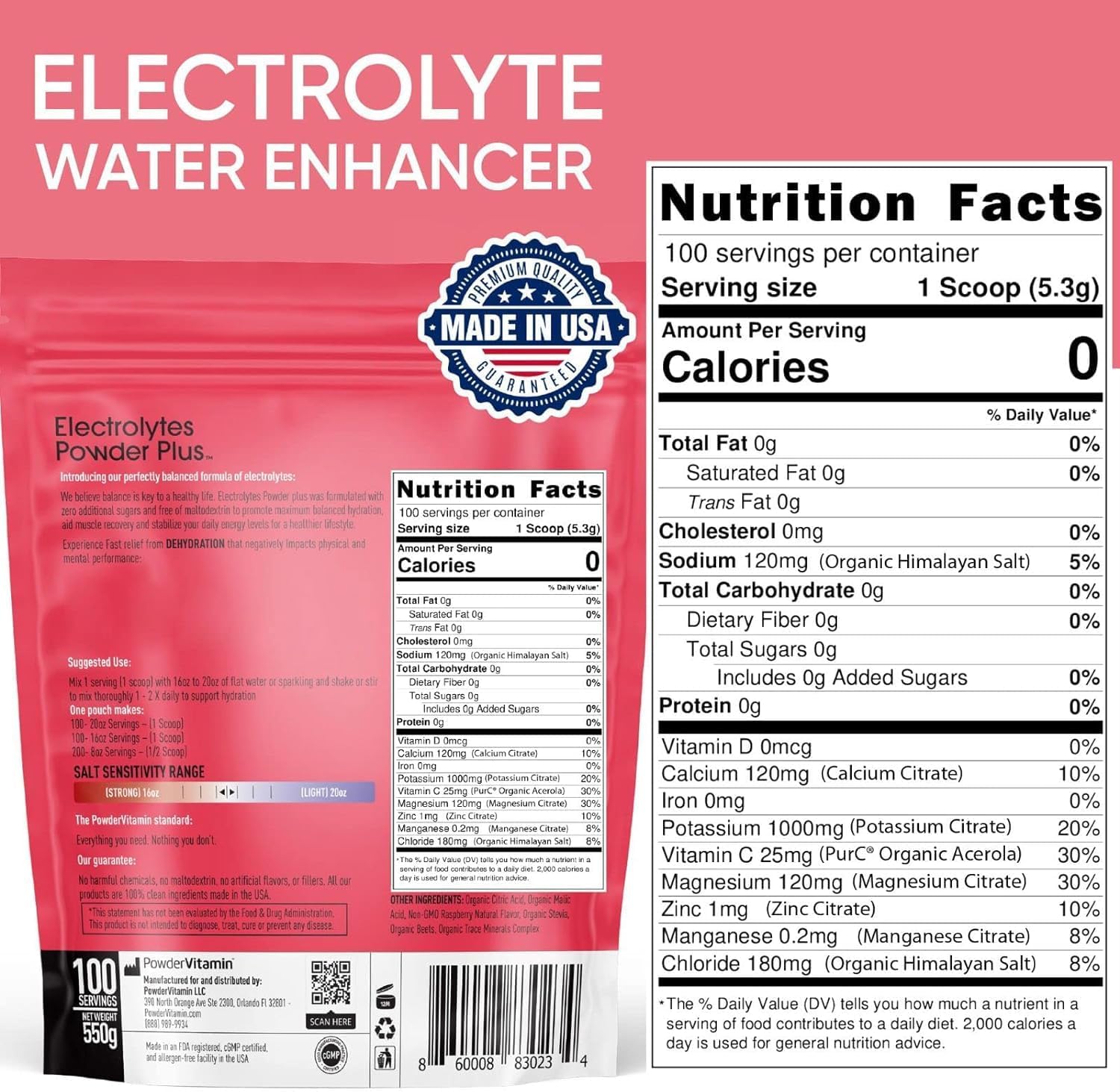 PowderVitamin Electrolytes Powder Plus (100 Servings) Raspberry Electrolyte Powder, Zero Calorie, Keto, 0 Sugar, No Maltodextrin,1000mg Potassium,120mg Calcium,120mg Magnesium, Energy Hydration Powder