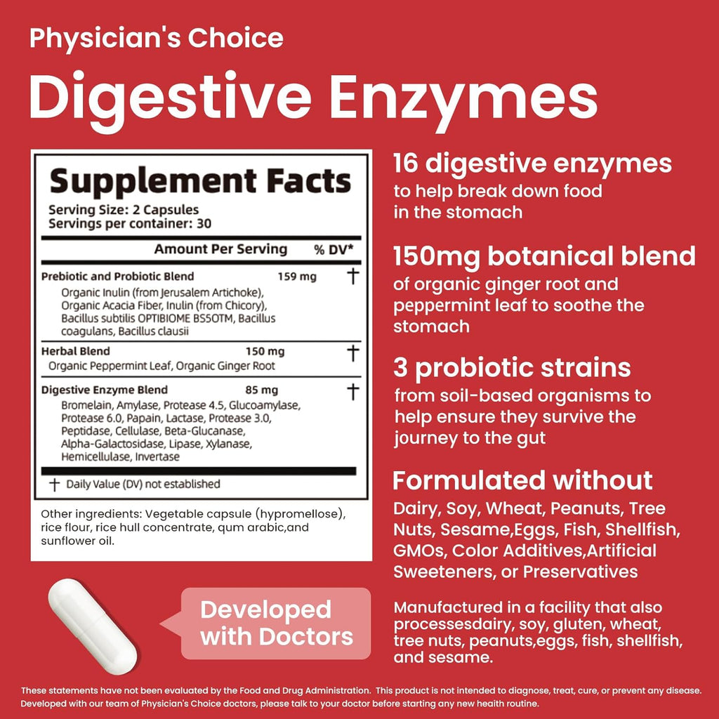 Digestive Enzymes - Multi Enzymes, Organic Prebiotics & Probiotics for Digestive Health & Gut Health - Meal Time Discomfort Relief & Bloating - Dual Action Approach - 60 CT