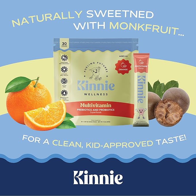 Kids Multivitamin with Pre/Probiotic & Organic Superfoods for Kids - 22+ Vitamins & Minerals - Sugar-Free Orange Flavor - Immune, Gut & Oral Health Support - Ages 4+ (30 Sticks)