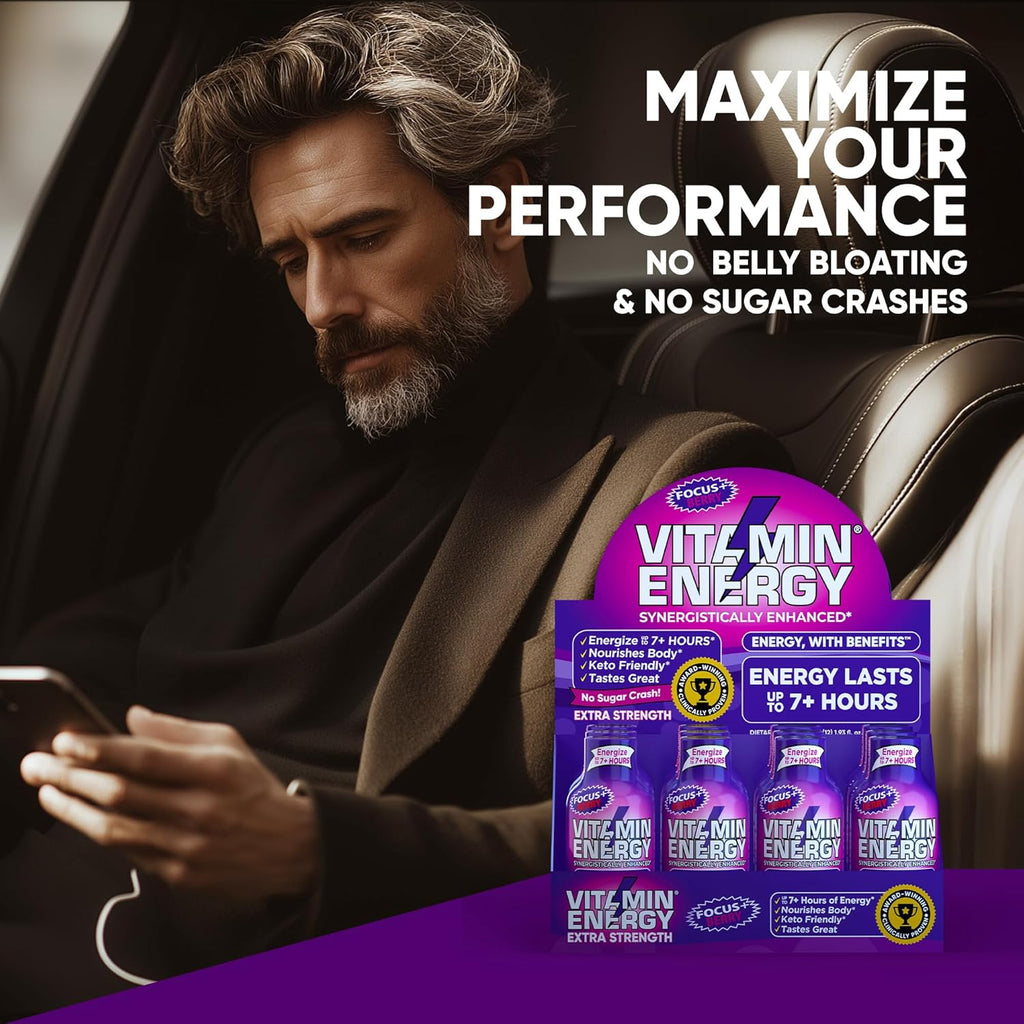 Vitamin Energy Focus+ Extra Strength Energy Shot Berry 24 Pack, 260mg Natural Caffeine, B-Vitamins, CoQ10, Amino Acids, Focus, Productivity & Clarity, Zero Sugar, Gluten-Free, 1.93 fl oz