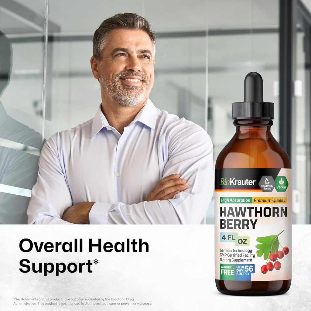 BIO KRAUTER® Hawthorne Berry Supplement - Pure Vegan Hawthorn Berry Liquid Drops 655 mg per Serving 4 Fl.Oz 56 Days of Supply - Used for Overall Support & Daily Wellness - Alcohol & Sugar Free