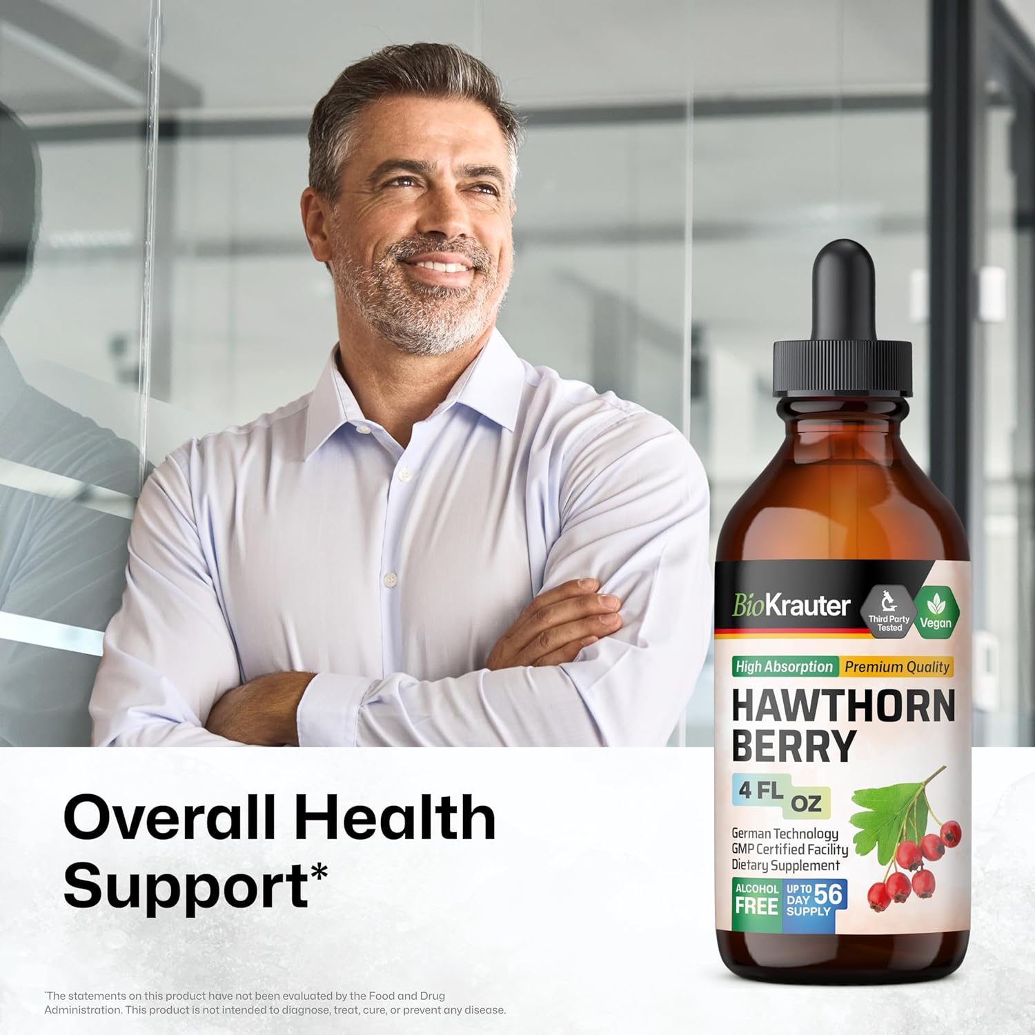 BIO KRAUTER® Hawthorne Berry Supplement - Pure Vegan Hawthorn Berry Liquid Drops 655 mg per Serving 4 Fl.Oz 56 Days of Supply - Used for Overall Support & Daily Wellness - Alcohol & Sugar Free