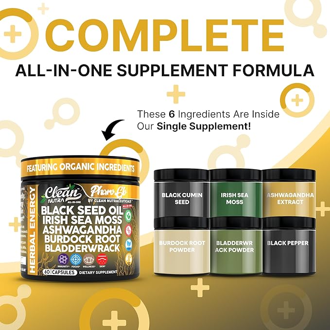 Clean Nutra Black Seed Oil Capsules + Sea Moss Ashwagandha Burdock Root Bladderwrack Seaweed Skin Detox Stress Relief Immune Support Focus Supplement Nigella Sativa 60 Pills