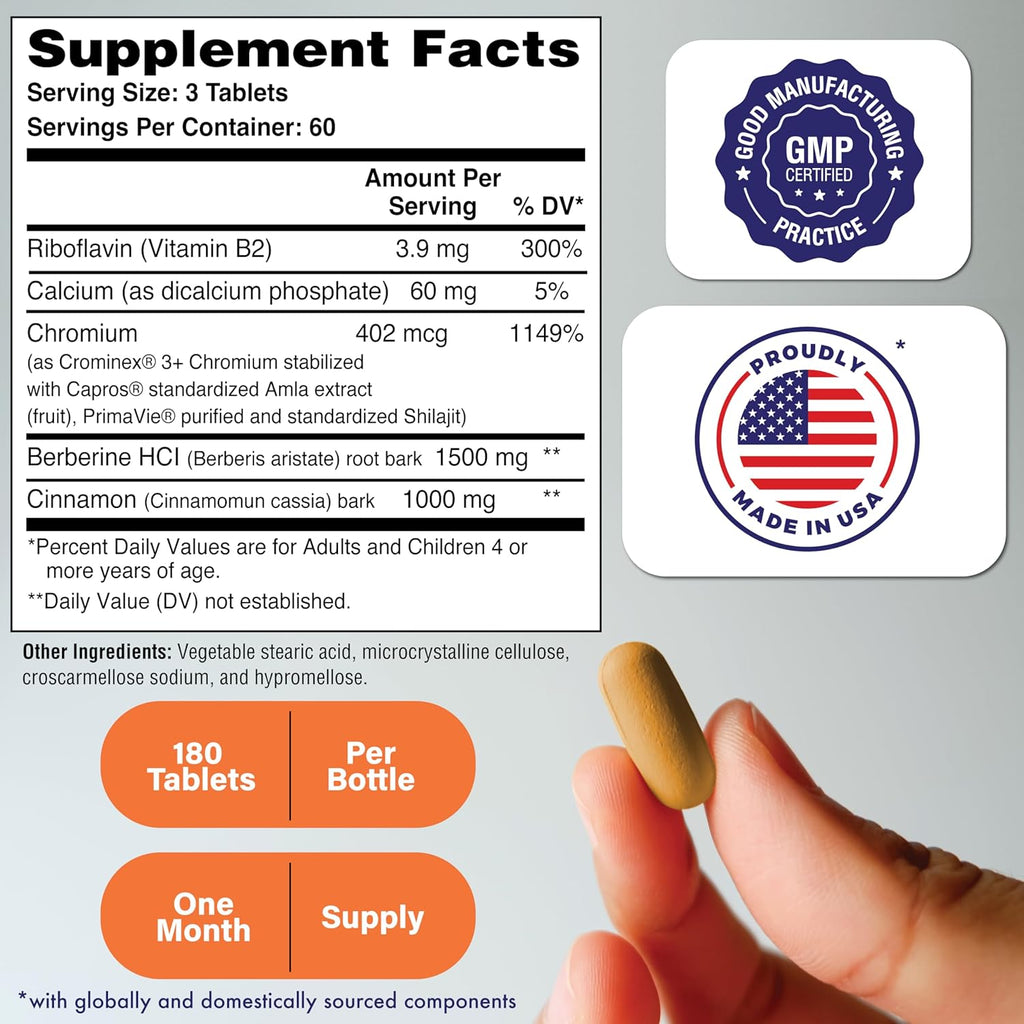 Health Thru Nutrition GlucoPro Max - with 1,500mg Berberine, Chrominex + Chromium, and 1,000mg Cinnamon | Vegan, Non-GMO, Gluten Free | Pack of 180