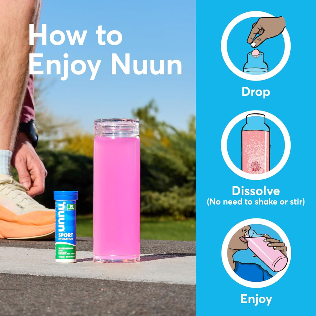 Nuun Sport Electrolyte Tablets with Magnesium, Calcium, Potassium, Chloride & Sodium, Gluten Free & Vegan, Watermelon, 8 Pack (80 Servings Total)