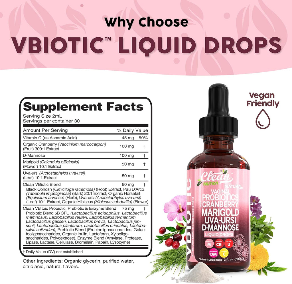 VBiotic Vaginal Probiotic for Women Liquid Drops | Womens Probiotics | Cranberry Uva Ursi Horsetail D-Mannose Prebiotics Marigold & Black Cohosh Vaginal Health Supplement | pH Balance | By Clean Nutra
