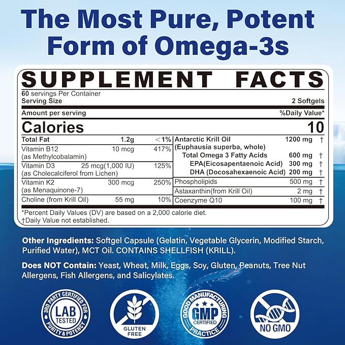 2 Pack Antarctic Krill Oil Omega 3 Softgels 1200mg (Made in USA) W/Phospholipids, Choline & Astaxanthin, Sustainably Sourced of Omega-3s EPA, DHA Support Brain, Antioxidant & Immunity, No Fish Burp