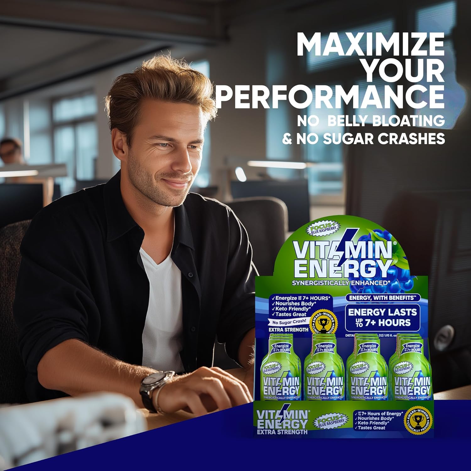 Vitamin Energy Focus+ Extra Strength Energy Shot Blue Raspberry 12 Pack, 260mg Natural Caffeine, B-Vitamins, CoQ10, Amino Acids, Focus, Productivity & Clarity, Zero Sugar, Gluten-Free, 1.93 fl oz