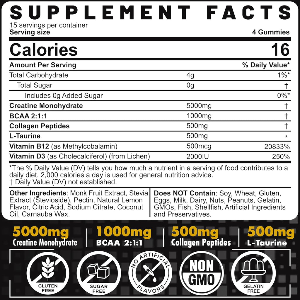 Creatine Monohydrate Gummies for Men & Women - with BCAA, Collagen Peptides, L-Taurine, Vitamin B12, D3, Creatine Monohydrate 5000mg (5g) Per Serving, Lemon Flavor, Sugar Free, 1 Pack