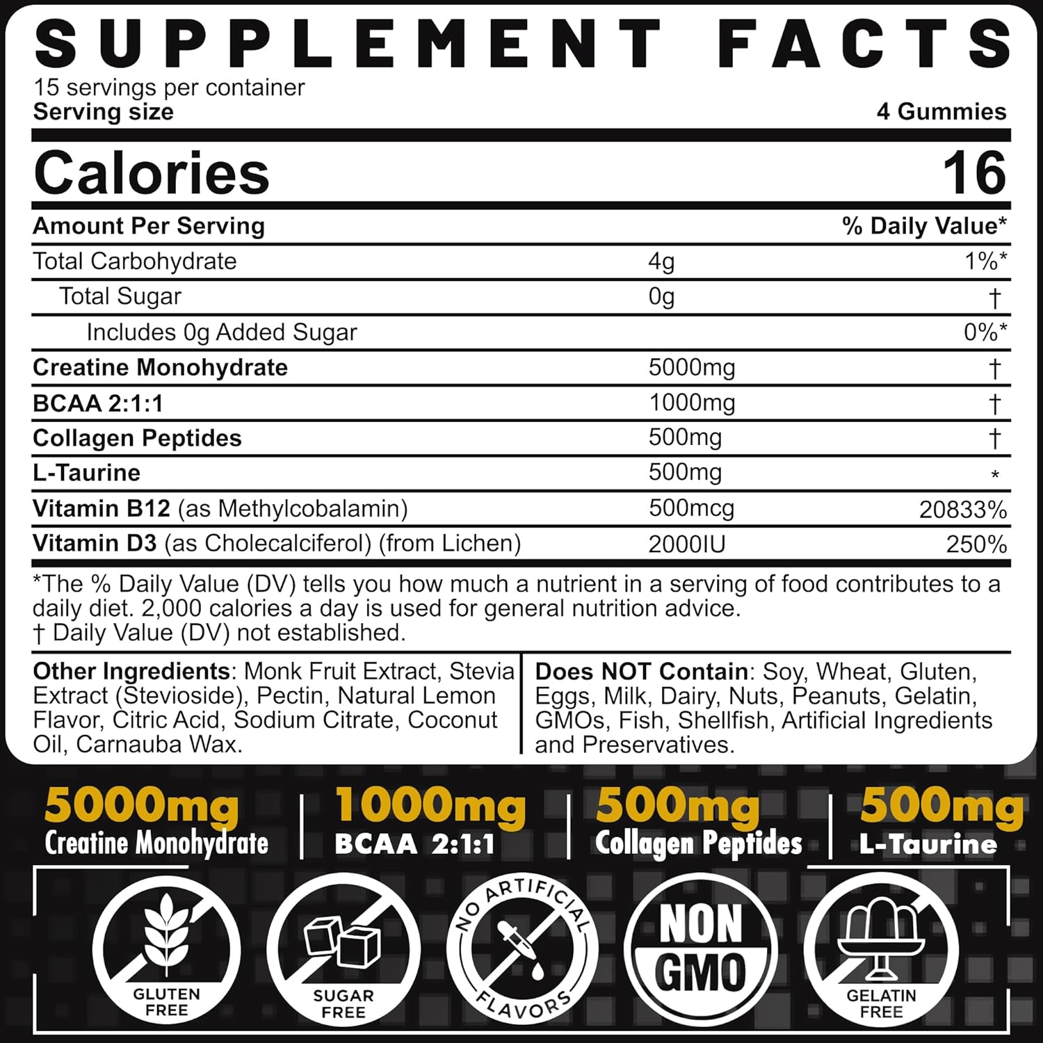 Creatine Monohydrate Gummies for Men & Women - with BCAA, Collagen Peptides, L-Taurine, Vitamin B12, D3, Creatine Monohydrate 5000mg (5g) Per Serving, Lemon Flavor, Sugar Free, 1 Pack