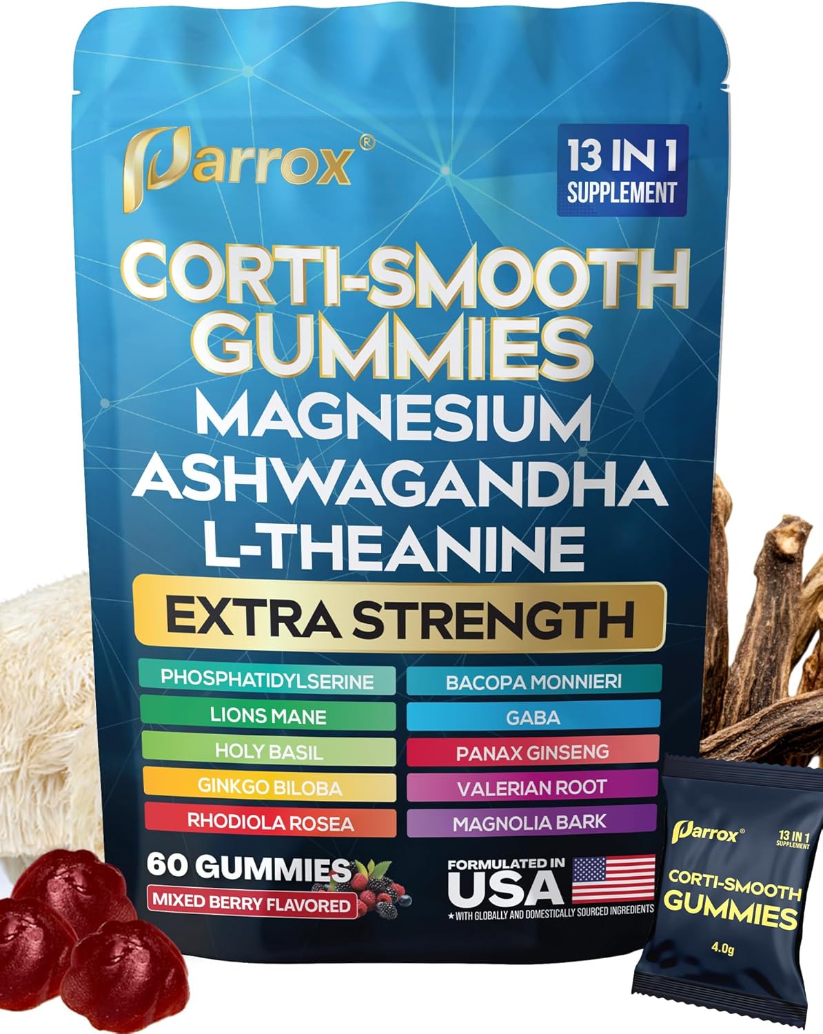 Corti-Smooth Cortisol Support Gummies with Magnesium, L-Theanine, Ashwagandha, Phosphatidylserine, Bacopa Monnieri, Lions Mane, Ginkgo Biloba, Valerian Root (60 Gummies - Mixed Berry Flavor)