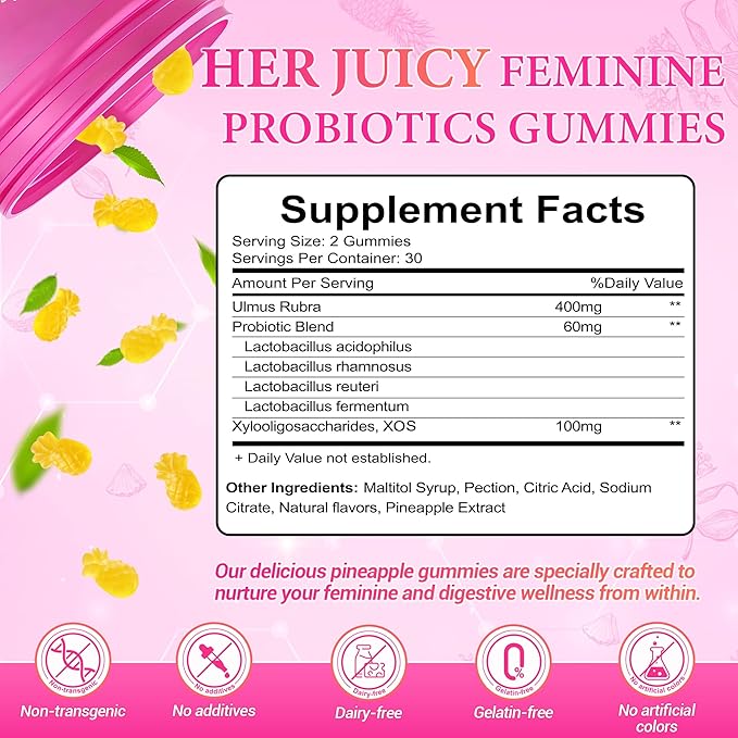 Her Juicy Feminine Probiotics Gummies for Women, Supports Natural pH Balance, Immune Health & Digestive Wellness with Slippery Elm - 60 Pineapple Gummies