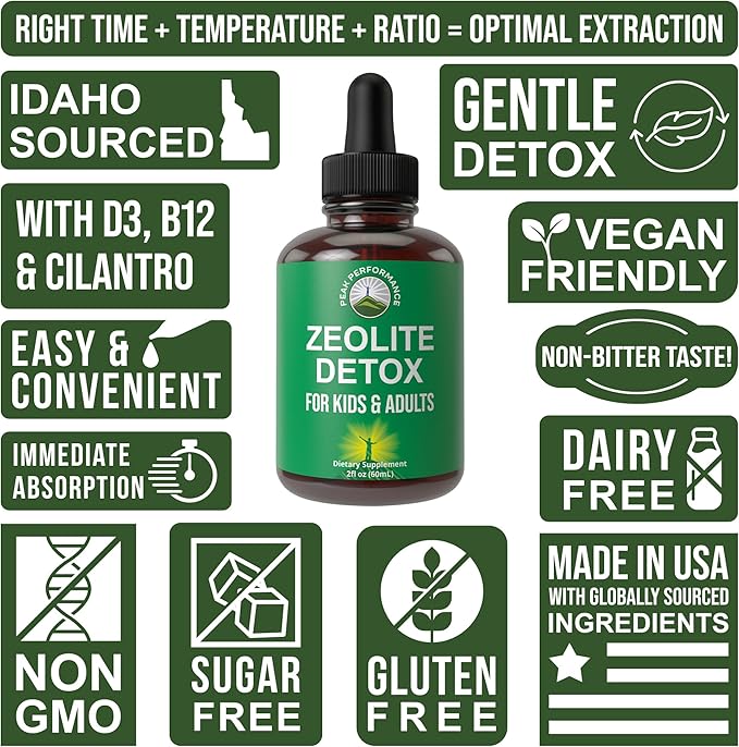 Zeolite Detox for Kids & Adults with Cilantro. Volcanic Mineral from Idaho USA. Zeolite Clinoptilolite Liquid Drops Gentle Cleanse Supplement with Vitamins B12 & D. Support Focus, Energy, Gut, Speech
