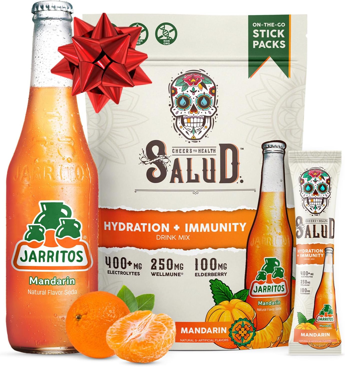 Salud x Jarritos 2-in-1 Hydration Packets + Immunity Electrolytes Powder, Mandarin - Agua Fresca Drink Mix, Elderberry, Dairy & Soy Free, Non-GMO, Gluten Free, Vegan, 1g Sugar (15 Servings)