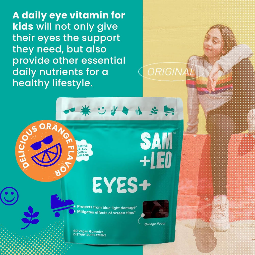 SAM+LEO EYES+ Kids Gummy Vitamins - All Natural, Vegan Eye Vitamins for Kids & Teens - Vitamin A, Zinc, Lutein and Zeaxathin Gummies - Orange Flavor - 60/ct
