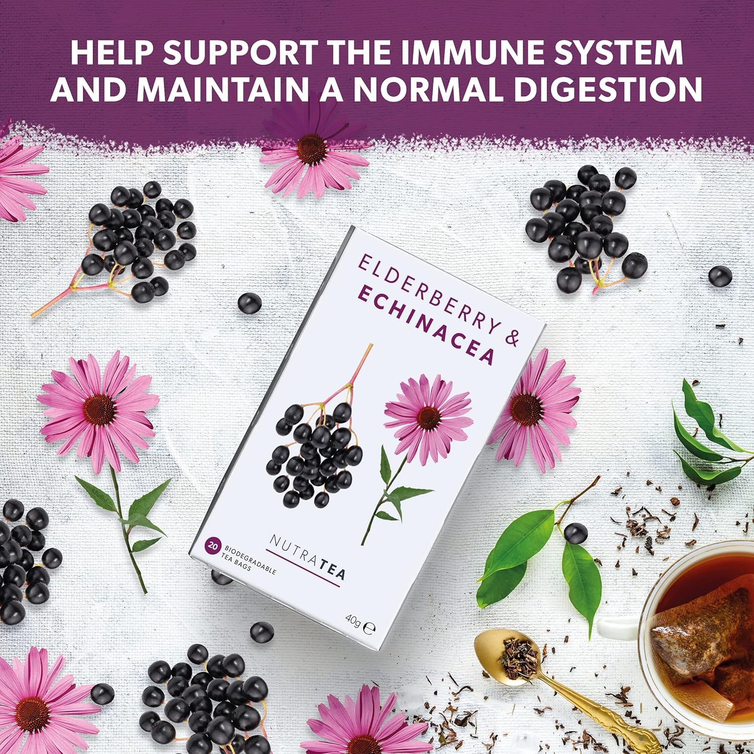 Nutra Tea - Elderberry & Echinacea Tea | Elderberry Tea - Immunity Teas | Immune Teabags - 20 Individually Wrapped Bags - Herbal Teas - (1 Pack)