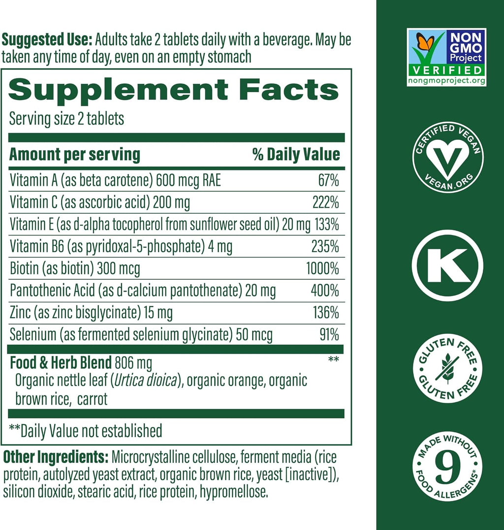 MegaFood Skin, Nails & Hair 2 - Vitamins for Women & Men - Biotin, Vitamin A, C, Zinc, B6, E, Pantothenic Acid - Vegan - Made Without 9 Food Allergens - 60 Tabs (30 Servings)