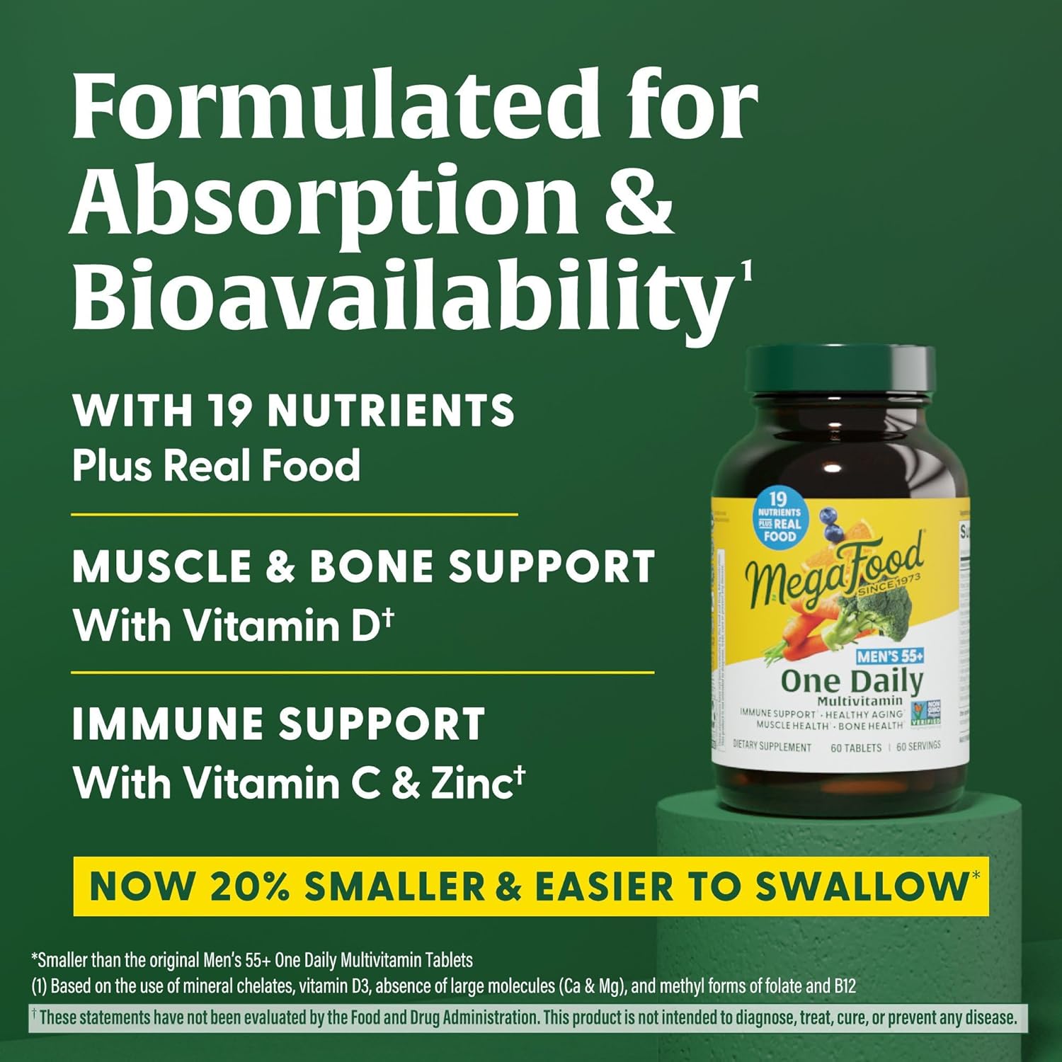 MegaFood Men's 55+ One Daily - Multivitamin for Men with Vitamin B12, C, D & Zinc - Optimal Aging & Immune Support Supplement - Vegetarian - Made Without 9 Food Allergens - 120 Tabs