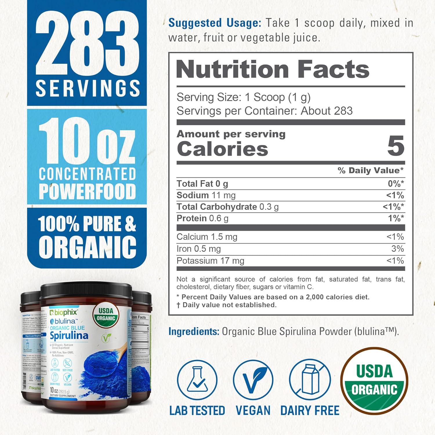biophix Blue Spirulina Powder Organic Blulina 10 oz - Algae Organic Spirulina Powder 283 Servings - Superfood Supplement - Natural Blue Pigment - Espirulina en Polvo Organica Pura Azul