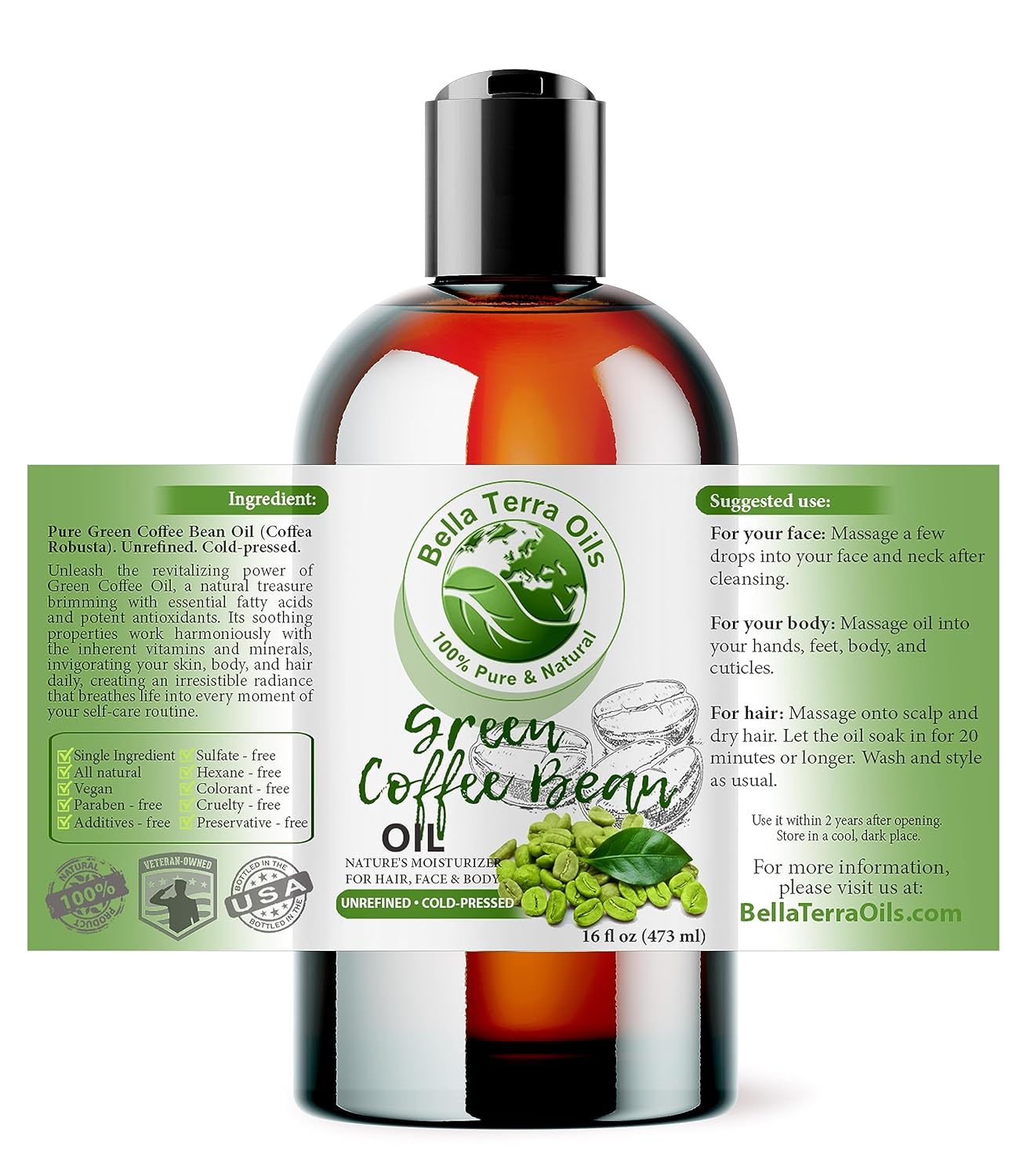 Bella Terra Oils - Green Coffee Bean Oil 16oz - Harness the Purity of Coffee Serum Ingredients, Enriched with Potent Acids for Lush & Healthy Skin
