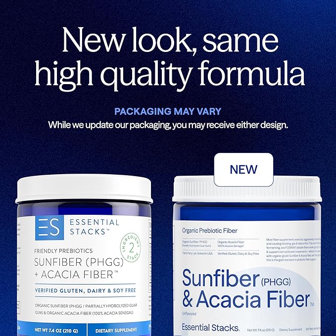 Essential Stacks Organic Sunfiber Prebiotic Fiber (Partially Hydrolyzed Guar Gum/PHGG) with Acacia Fiber Powder - Gluten Free, Non-GMO & Unflavored (7.4 oz)