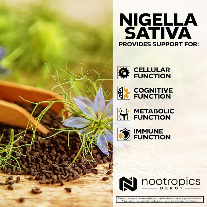 Nootropics Depot Nigella Sativa Extract Capsules | 200mg | 60 Count | Minimum 10% Thymoquinone Content | Black Seed Oil Extract | Supports Brain Health, Memory, Liver Health, and Immune Function