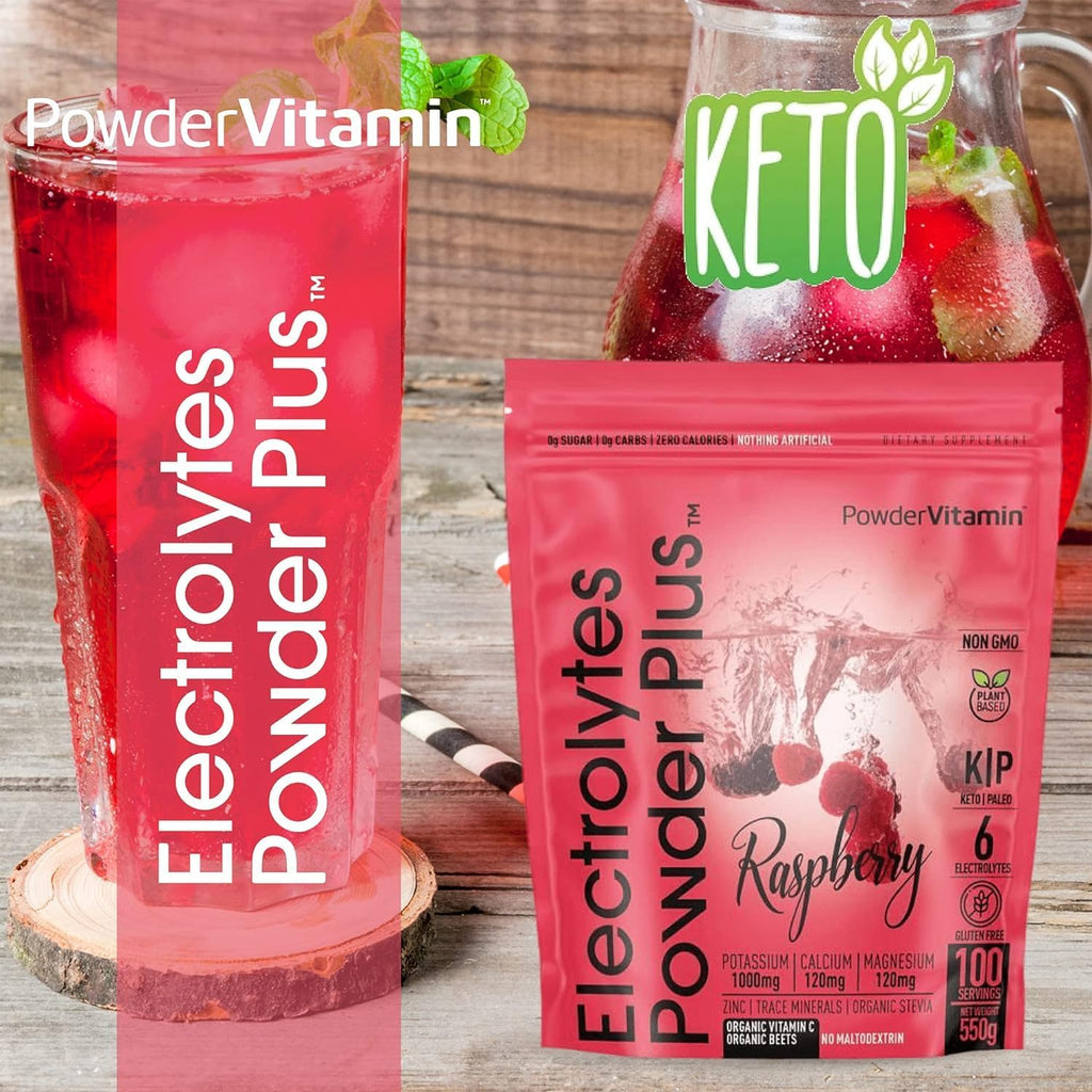 PowderVitamin Electrolytes Powder Plus (100 Servings) Raspberry Electrolyte Powder, Zero Calorie, Keto, 0 Sugar, No Maltodextrin,1000mg Potassium,120mg Calcium,120mg Magnesium, Energy Hydration Powder
