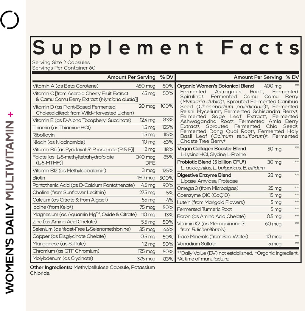 Codeage Women’s Daily Multivitamin, 25+ Vitamins & Minerals, Fermented, Organic Whole Foods, Probiotics Supplement - Vitamin A, B, C, D, E & K, Omega 3, Zinc – Vegan - 120 Capsules