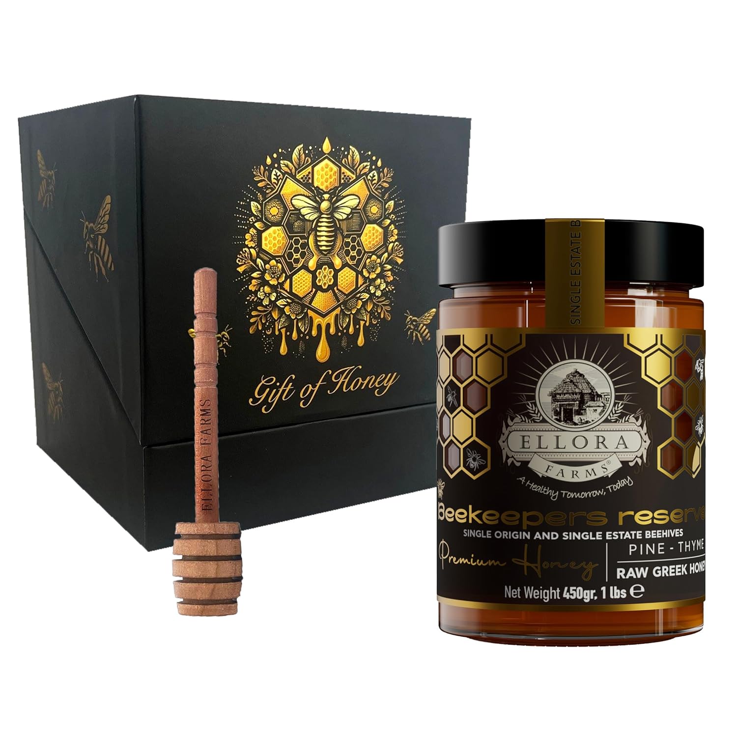 Ellora Farms Greek Honey Single Estate PDO, Pine & Thyme Raw Honey Unfiltered, Beautiful Gift Pack with Dipper, Beekeepers Reserve, Pure Raw & Unfiltered Cold-Pressed, Gluten Free - 450 g