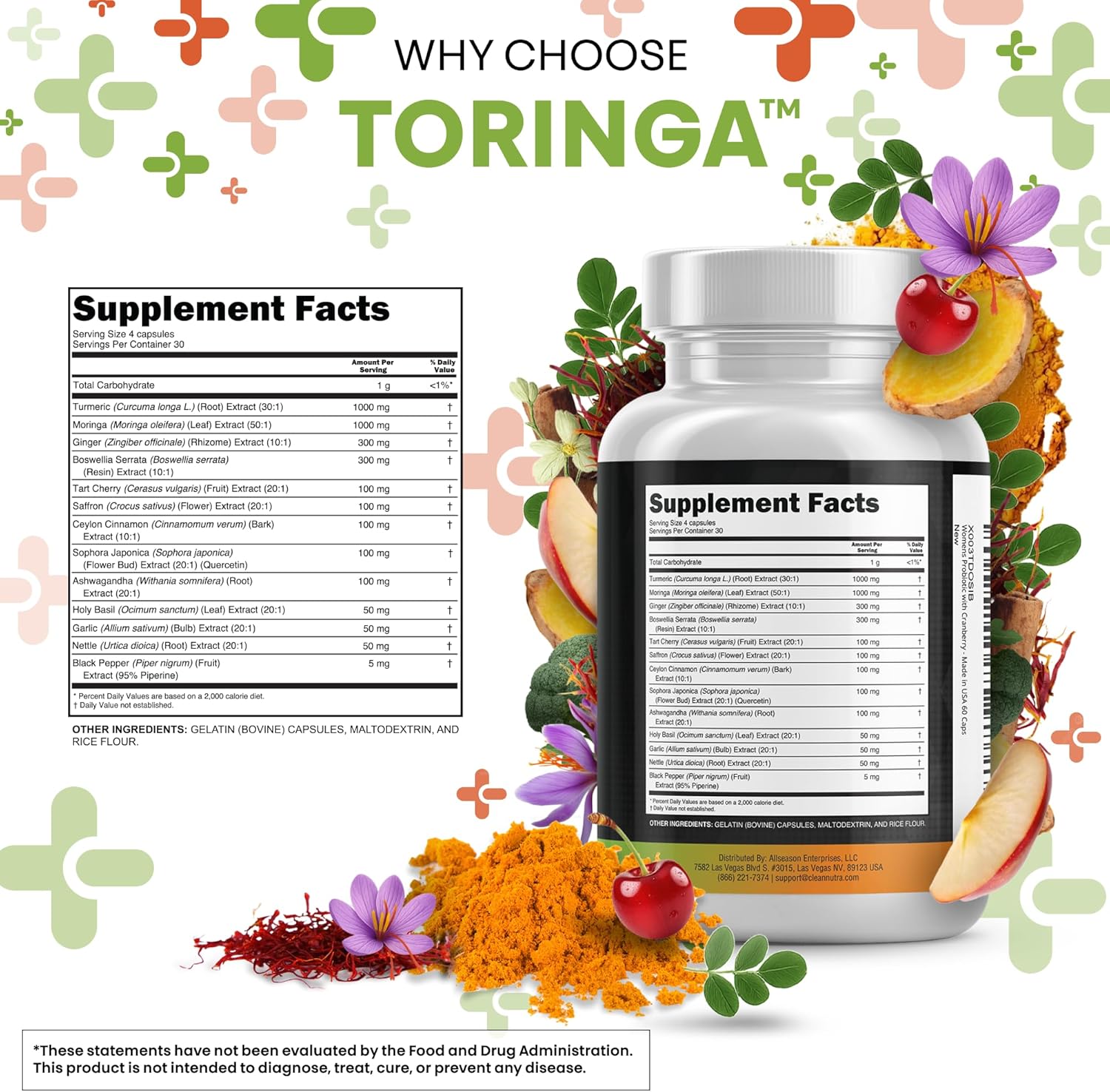 Turmeric Moringa Supplement | Ginger Boswellia Saffron - Supplement for Women and Men with Ceylon Cinnamon, Tart Cherry, Quercetin Garlic Nettle Holy Basil - 5Pack