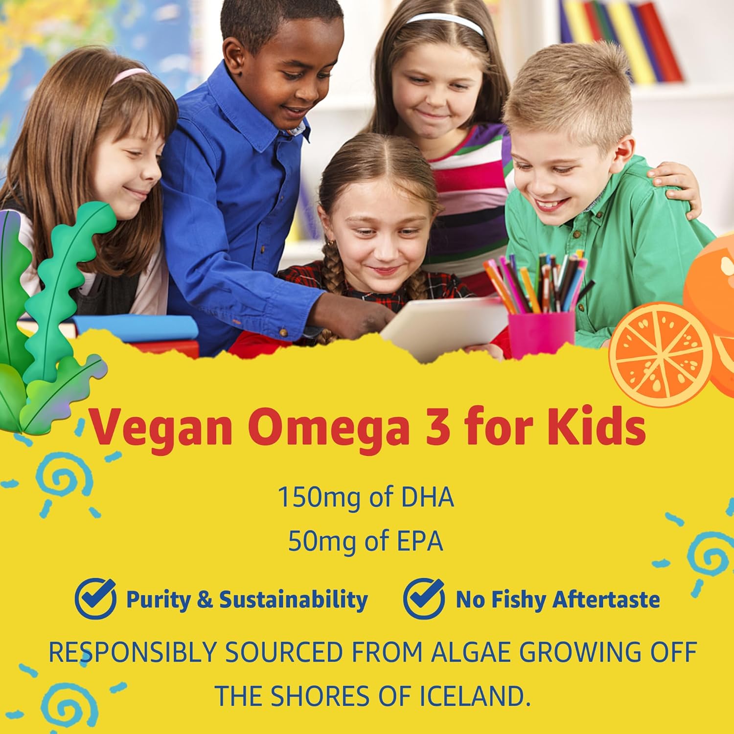 (2 Pack) Kids Multivitamin Gummies with Iron, Sugar Free, Kids Daily Vitamins + Probiotics, Algae Omega 3 (EPA/DHA), A, C, D, Methyl B12, Folate, B6, Zinc, Biotin, for Healthy Growth, Immune Support