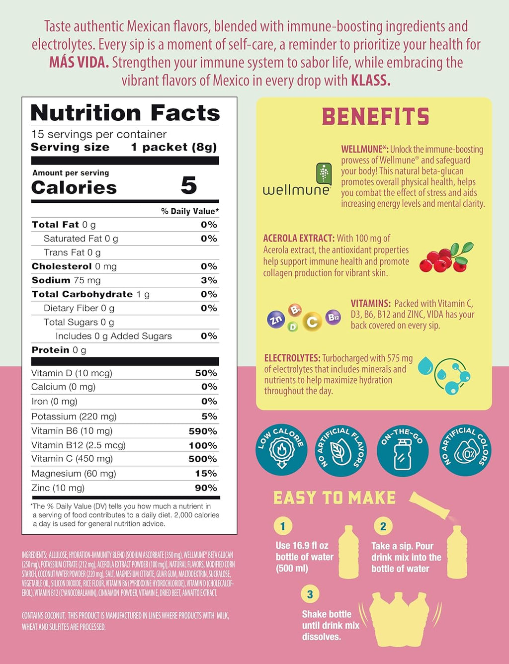 Hydration + Immunity Electrolyte Drink Mix – Strawberry Horchata Agua Fresca | Sugar-Free Powder with Wellmune®, Acerola, Coconut Water & Minerals | 15 Single-Serve Stick Packs