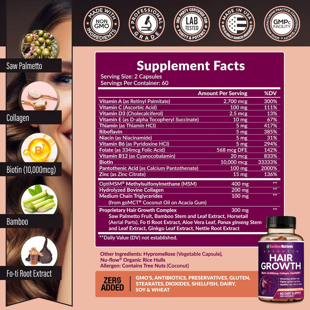 (2 Pack) Hair Growth Vitamins for Women | Biotin 10,000mcg, Collagen, Patented OptiMSM®, goMCT®, Saw Palmetto | Naturally Regrow Stronger & Healthier Hair, Skin and Nails | May Stop Hair Loss