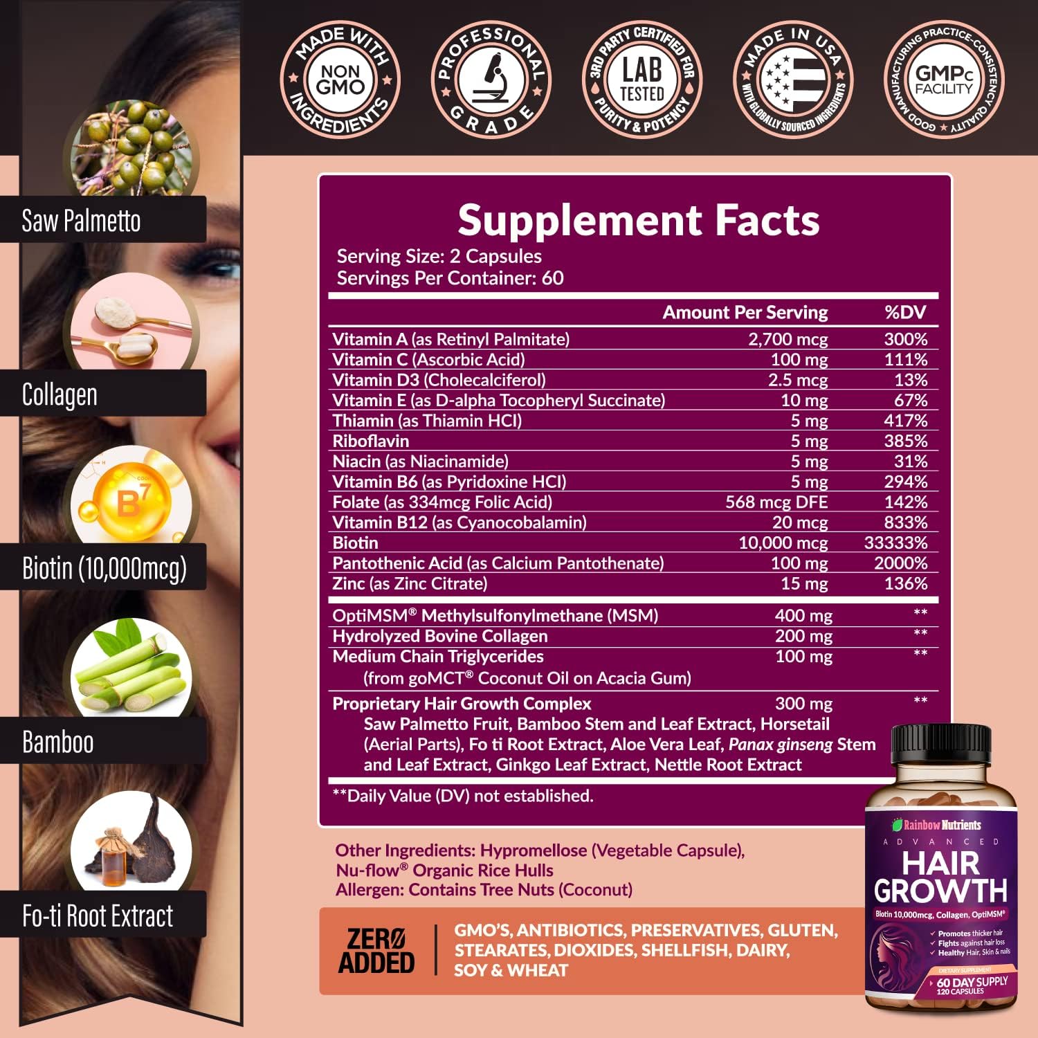 (2 Pack) Hair Growth Vitamins for Women | Biotin 10,000mcg, Collagen, Patented OptiMSM®, goMCT®, Saw Palmetto | Naturally Regrow Stronger & Healthier Hair, Skin and Nails | May Stop Hair Loss