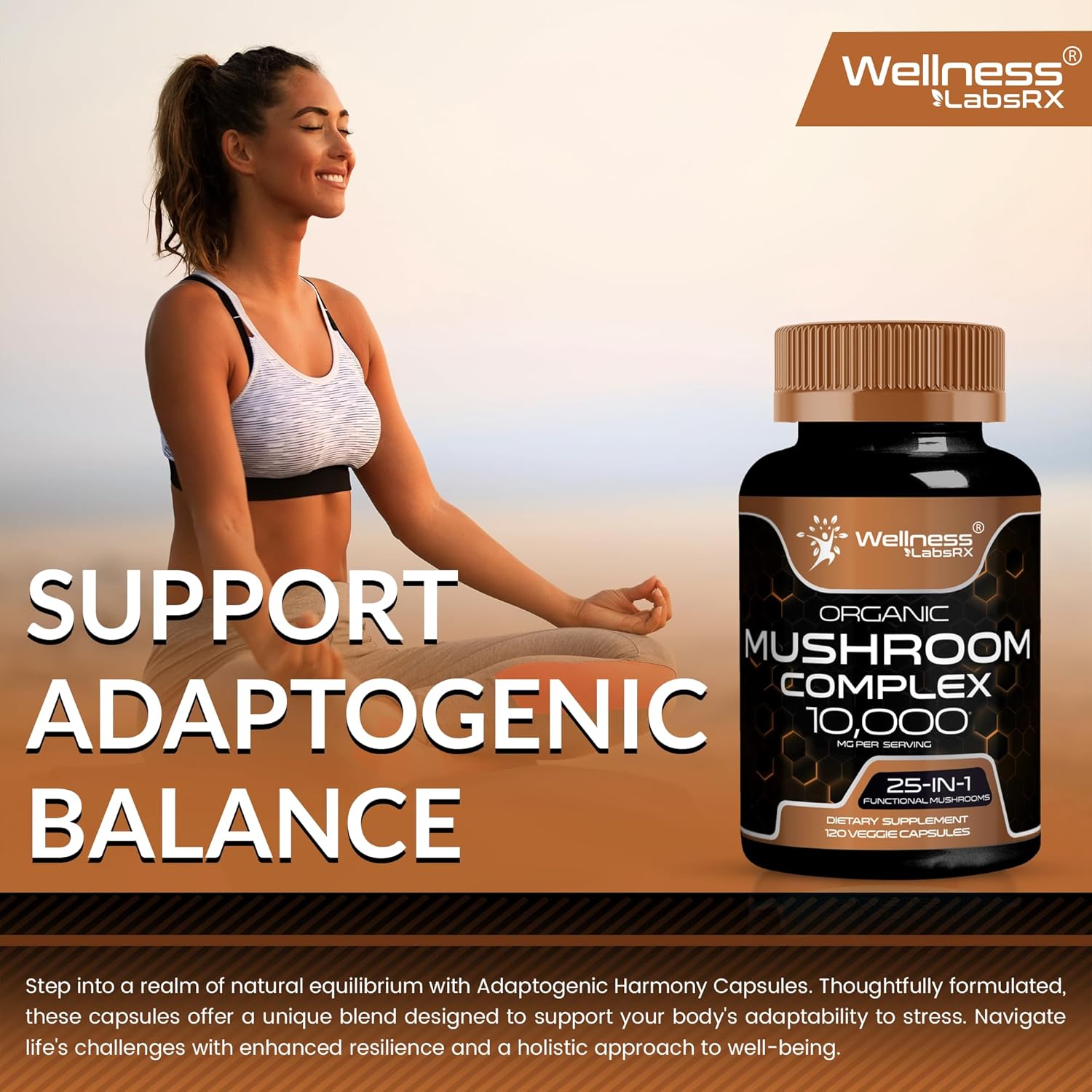 WELLNESS LABSRX Mushroom Supplement Capsules 10:1 Extract, Mushroom Complex Capsules 1000mg, Lions Mane Supplement with Turkey Tail, Cordyceps, Reishi - 2 Pack