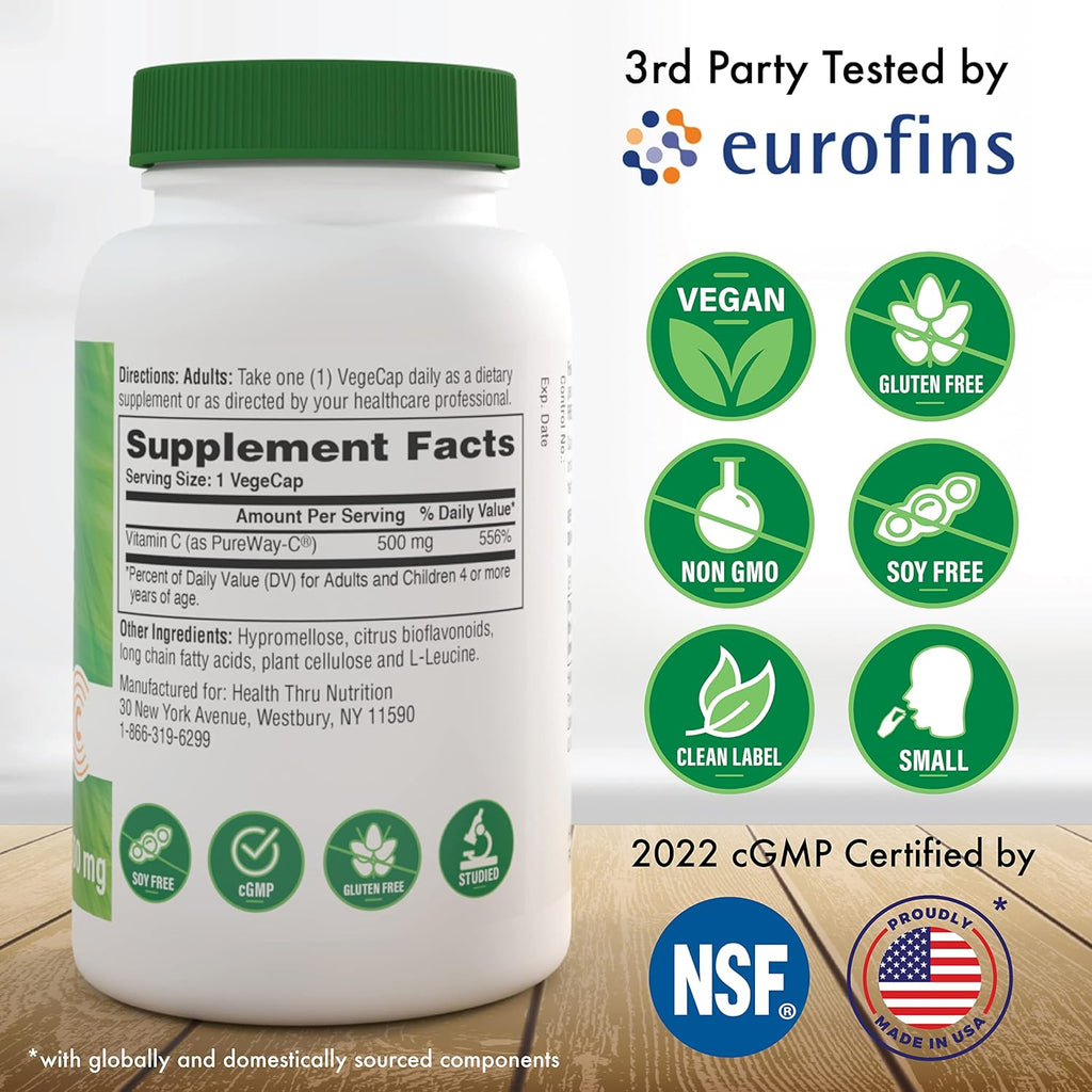 Health Thru Nutrition Vitamin-C 500mg as PureWay-C 360 Vegecaps Superior Absorption | Healthy Immune Function and Collagen Support | 3rd Party Tested | Vegan, Non-GMO and Gluten Free