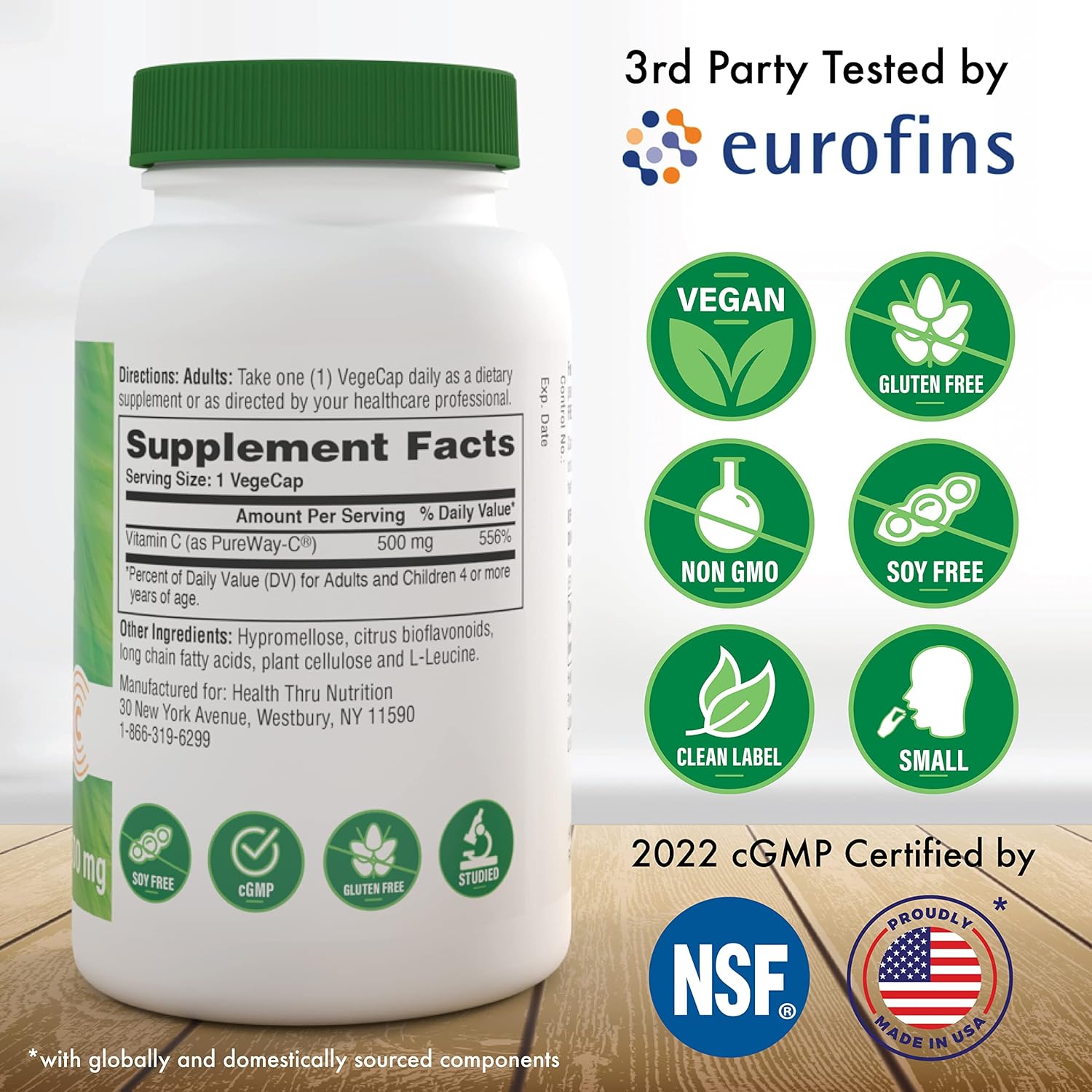 Health Thru Nutrition Vitamin-C 500mg as PureWay-C 360 Vegecaps Superior Absorption | Healthy Immune Function and Collagen Support | 3rd Party Tested | Vegan, Non-GMO and Gluten Free