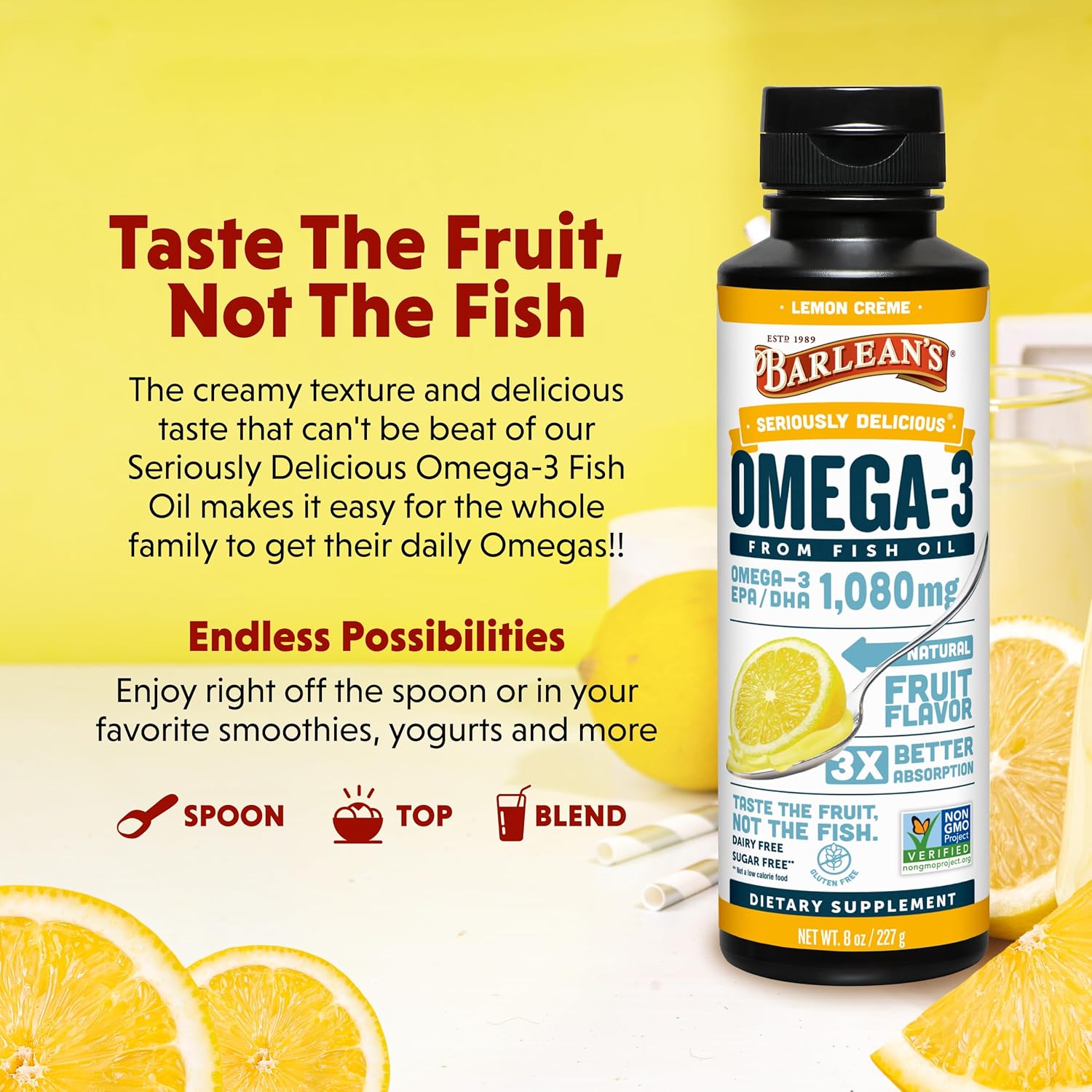 Barlean's Lemon Crème Omega 3 Fish Oil Liquid Supplement, 1080mg of Omega 3 EPA & DHA Fatty Acid, Smoothie Flavored & Burpless for Brain, Joint, & Heart Health, 8 oz
