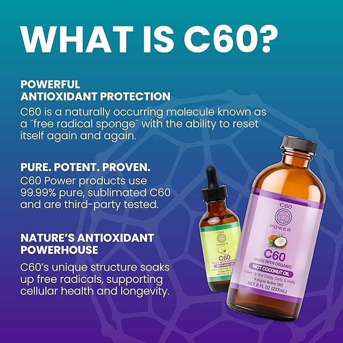 C60 Power C60 in Organic Avocado Oil - Natural Wellness & Antioxidant Support for Men & Women, 99.99% Pure Carbon Fullerenes, Promotes Energy, Mental Clarity, & Stamina - 16 fl oz Bottle