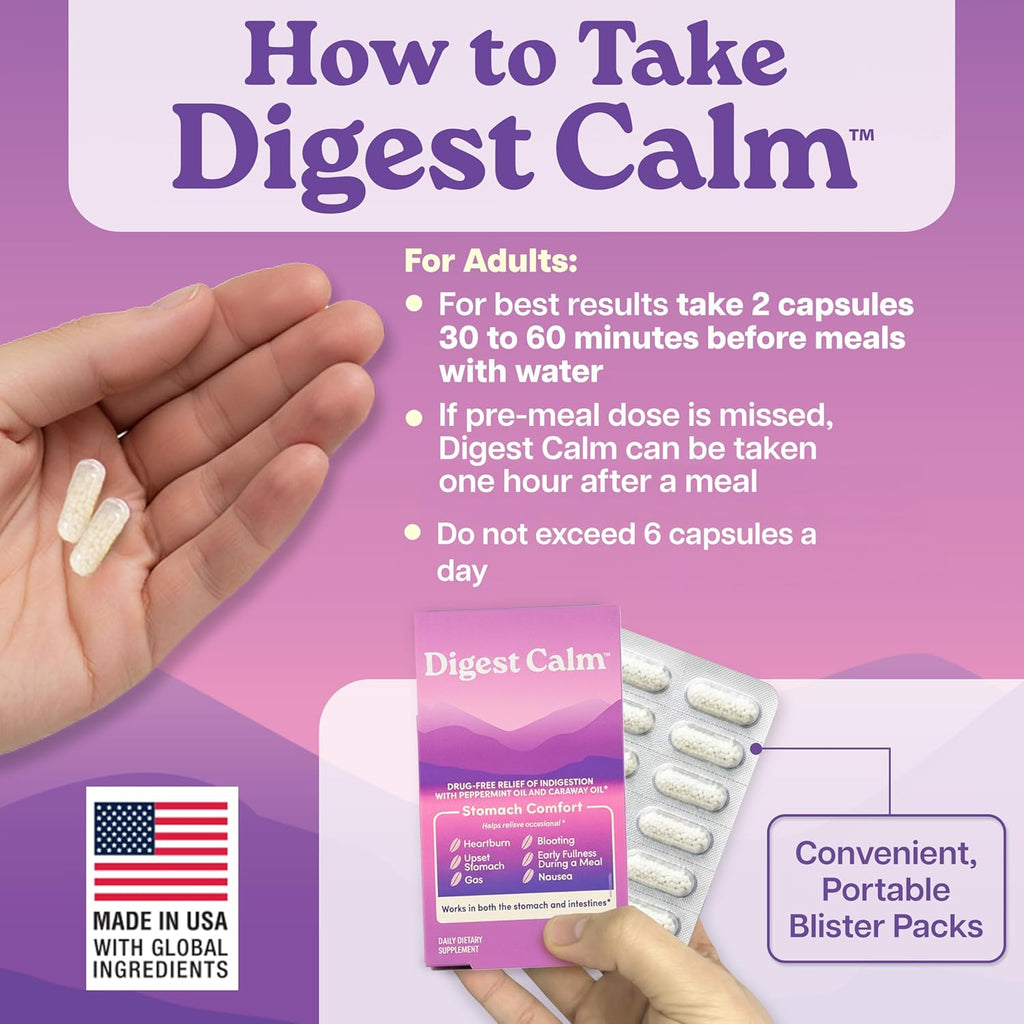 Digest Calm™ - Relief of Occasional Indigestion, Upset Stomach, Nausea, Gas, Bloating, Early Fullness - Herbal Supplement - 12 Capsules