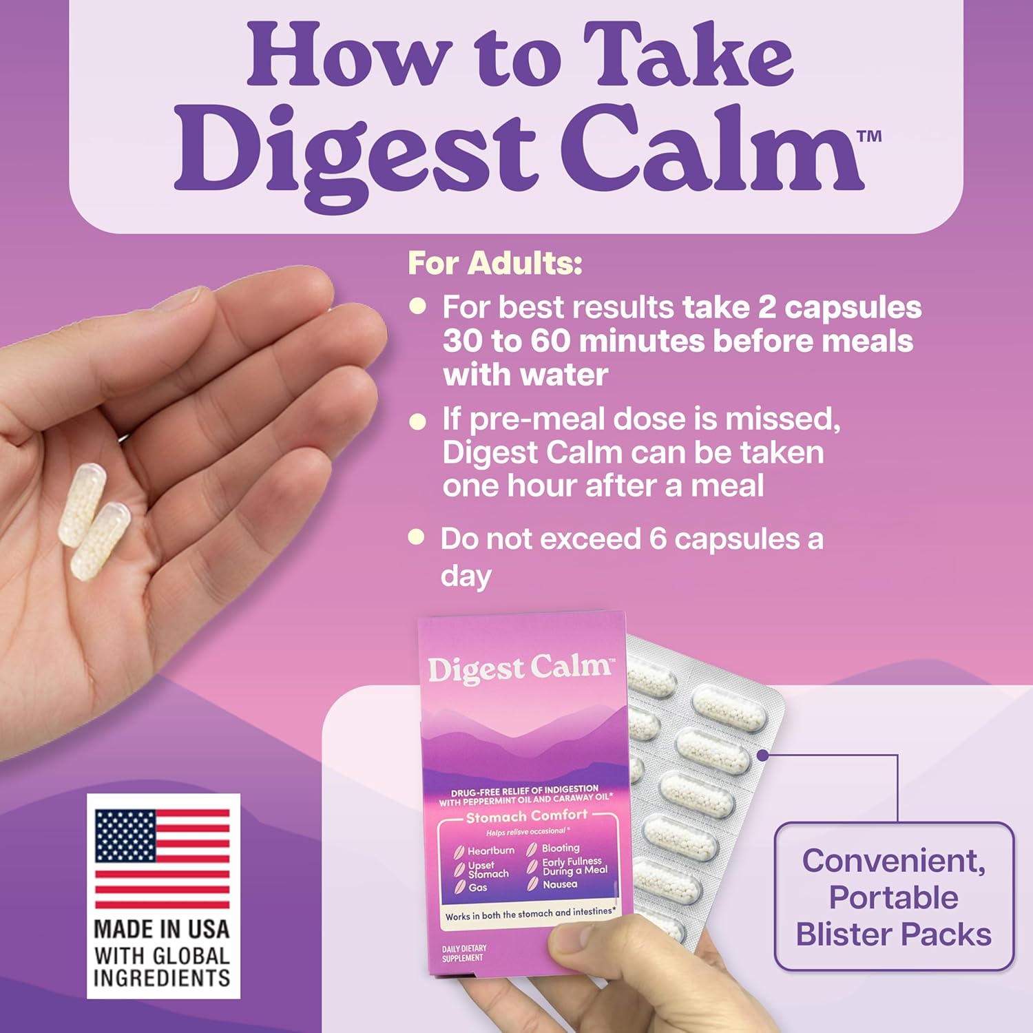 Digest Calm™ - Relief of Occasional Indigestion, Upset Stomach, Nausea, Gas, Bloating, Early Fullness - Herbal Supplement - 12 Capsules